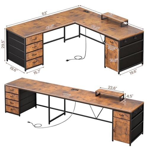 63'' L Shaped Desk with 5 Drawers,Corner Desk with Monitor Shelf, view 3