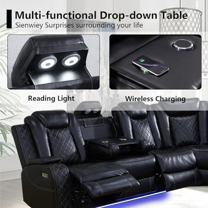 Black Leather Power Reclining Sectional Sofa,Sectional Couch with Recliner,L Shaped Recliner Sofa with LED Light/Read Lamp/Storage Console/USB Port for Living Room/Home Theater/Apartment