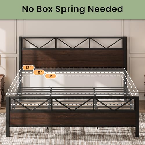 King Bed Frame, Dark Brown Industrial Headboard, view 6