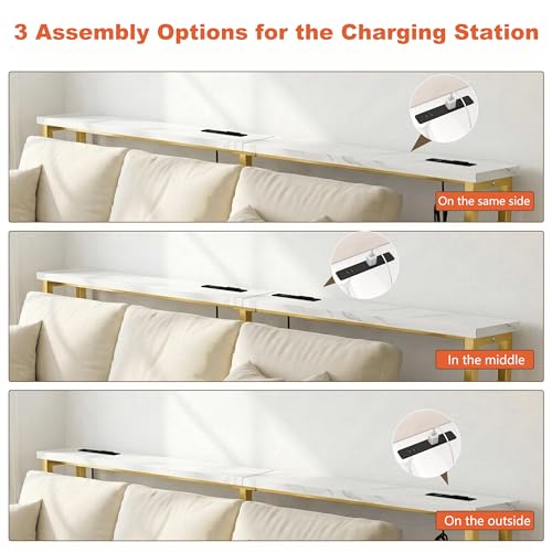 90" Narrow Sofa Table with Outlets (2 AC Outlets & 2 USB Ports), Behind Couch Table with Charging Station, Long Skinny Console Table for Living Room, Entryway and Hallway (White & Gold)