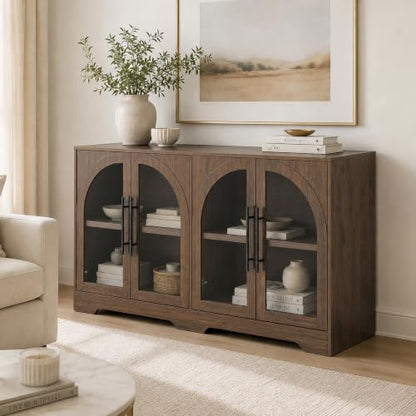 55" Arched Glass Door Sideboard Buffet Cabinet, Walnut, view 2