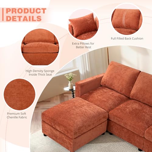 84” Chenille 3-Seats Sofa W/Movable Ottoman, Orange | Modern Fabric L-Shaped Couch w/Soft Backrests, Upholstered Sectional Sofa w/Arm Pillows for Living Room