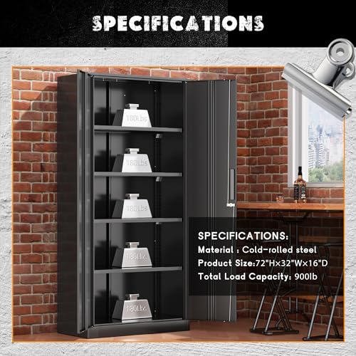 Metal Storage Cabinet with Lock, Steel Garage Storage Cabinet with 2 Doors and Adjustable Shelves, File Organization for Office, Home, Garage, School (Black)