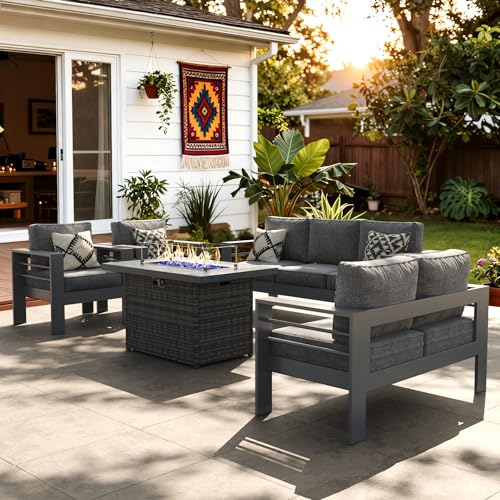 Aluminum Furniture Set with Fire Pit Table, 5 Pieces Patio Sectional Conversation Chat Sofa Modern Seating Set