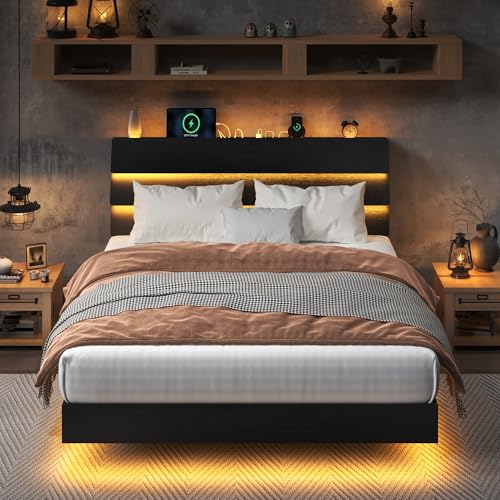 Floating Bed Frame Queen Size with Led Lights and Charging Station, view 2