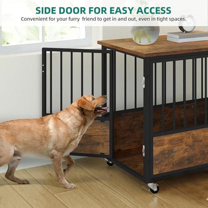 Dog Crate Furniture with Wheels & Double-Doors, Rustic Brown, view 7