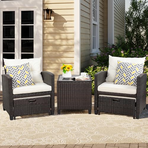 Patio Chair with Ottoman, 5 Pieces Patio Furniture Set Small Balcony Furniture, Rattan Patio Chairs Set of 2 with Glass Table for Front Porch Garden (Beige)