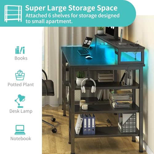 Gaming Desk with LED Lights and Storage Shelves, 47 inch Computer Desk with Power Outlets, Home Office Desk with Monitor Stand, Writing Table PC Desks, Black