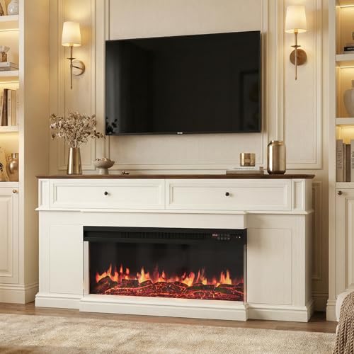 63“ Fireplace TV Stand with 3-Sided Electric Fireplace,Antique White, view 6