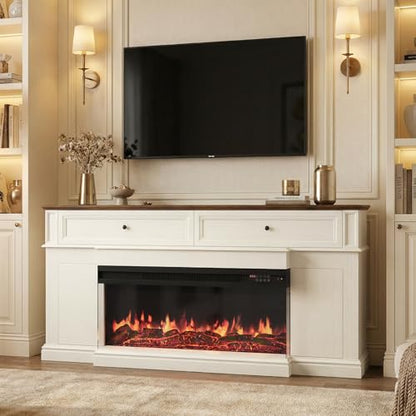 63“ Fireplace TV Stand with 3-Sided Electric Fireplace,Antique White, view 6