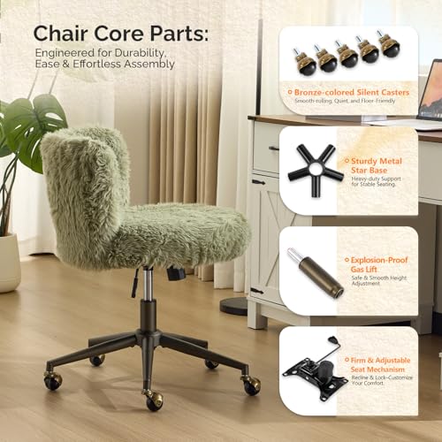 Plush Upholstery Vanity Desk Chair with Curved Back & 90-102° Tilt &Adjustable Height, Cute Rolling Chair with Bronze Base & Golden-Bronze 360° Swivel Wheels for Makeup &Home Office,Grass Green