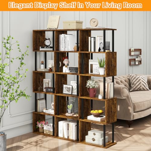 6-Tier Tall Bookshelf,S-Shaped Geometric Bookcase,Brown WBC016H | Wood Display Shelves with Storage Industrial Decorative Storage Shelving for Living Room Bedroom Home Office