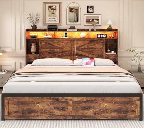 King Size Bed Frames with Storage Headboard and 4 Drawers, view 2