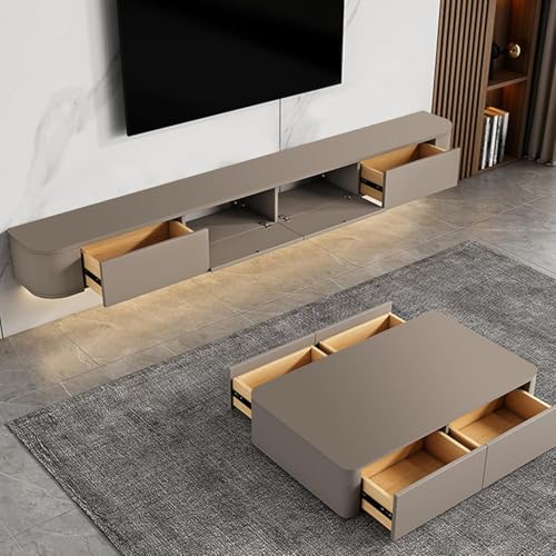 Floating TV Stand Wall Mounted – Wall Entertainment Center with Flip-Down Doors & Drawers, Modern Hanging TV Shelf for Living Room, Media Console for 65/75 80 Inch TVs (Khaki, 86.6IN/220CM)
