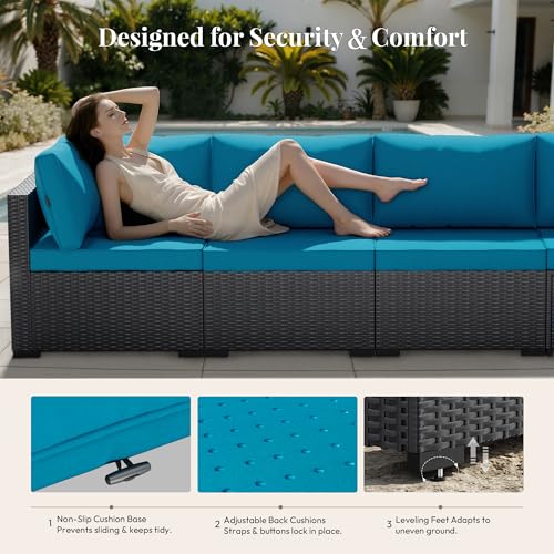 WWR Patio Furniture Set 7 Piece - All-Weather - Wicker Rattan Patio Outdoor Conversation Set, Modular Sectional Sofa for Backyard, Garden, Poolside, Balcony, Porch, Patio, Black/Peacock Blue