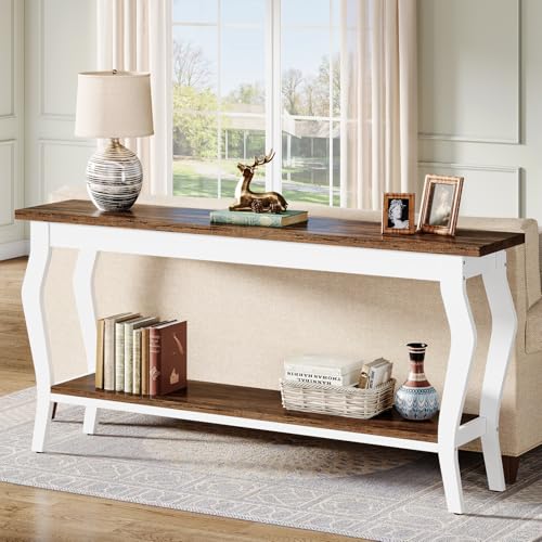 Tribesigns 70.9 Inches Extra Long Sofa Table Behind Couch, Vintage Console Entry Table with 2-Tier Storage for Hallway, Entryway, Living Room, White & Brown