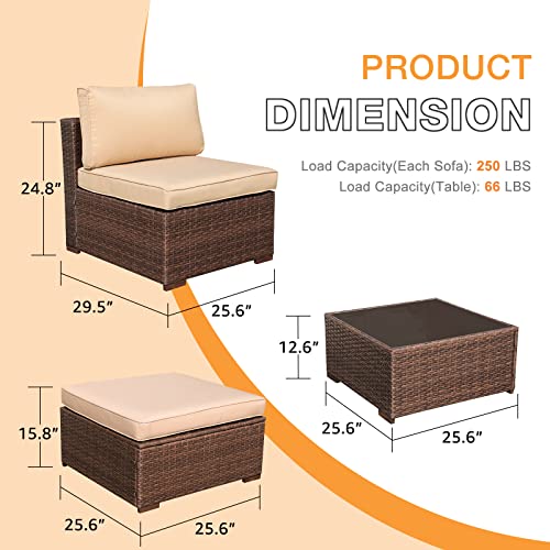 3 Piece Patio Furniture Set, Outdoor Sectional Sofa, PE Wicker Rattan Conversation Set, All Weather Armless Chair and Ottoman with Coffee Table, Brown Wicker Beige Cushion