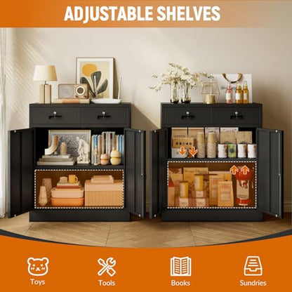 Metal Storage Cabinet, Garage Storage Cabinet with 2 Drawers and Adjustable Shelf, Locking Short Storage Cabinet for Office Garage Home, Black Metal Cabinets(36" H x 31.5" W x 16" D)