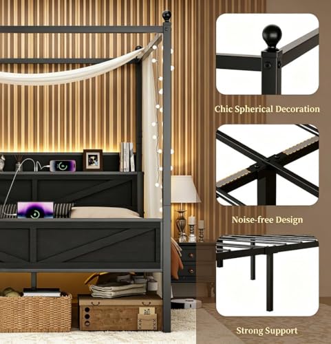 Canopy Bed Frame Queen Size with Storage Headboard, Black, view 6