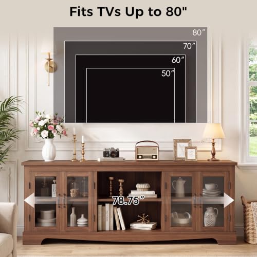 Tall TV Stand with Glass Doors, 78.75" Farmhouse Media Console with Storage, view 6
