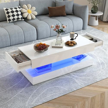 47" High Gloss LED Coffee Table with Storage, 2-Tier Modern Center Table with 2 Sliding Drawers & Open Display Shelf, Wood Rectangle Large Coffee Tables for Living Room, White