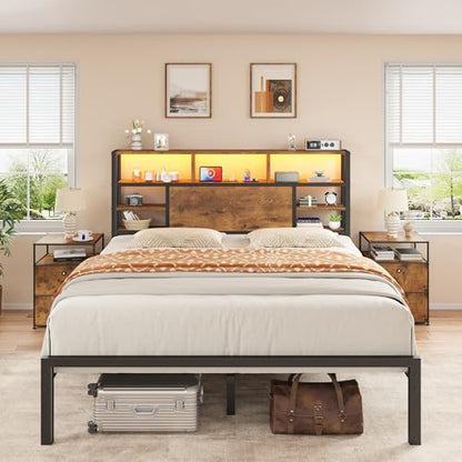 Queen Bed Frame with Storage Headboard and Charging Station, Brown, view 2