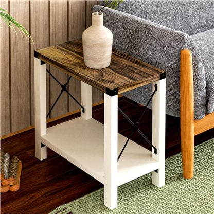 Farmhouse End Table for Small Spaces, Set of 2,Narrow Side End Table with Storage Shelf, Rustic X-Design Nightstand Sofa Table for Living Room, Bedroom White