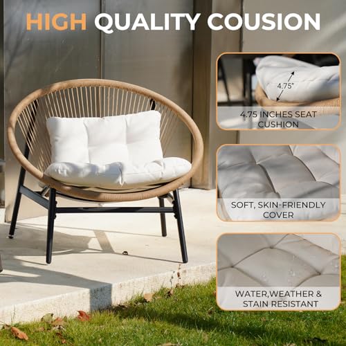 1-Piece Wicker Outdoor Chair, Patio Oversized Chair with Beige Cushion, Outdoor Furniture Set for Porch Balcony Deck Garden