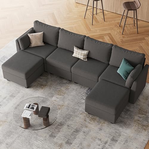 Modular Sectional Sofa with Storage, U Shaped Sectional Couch for Living Room, Convertible Modular Sofa Couch with Ottomans, High Supportive & Soft Sponge, 6 Seat, Darkgrey