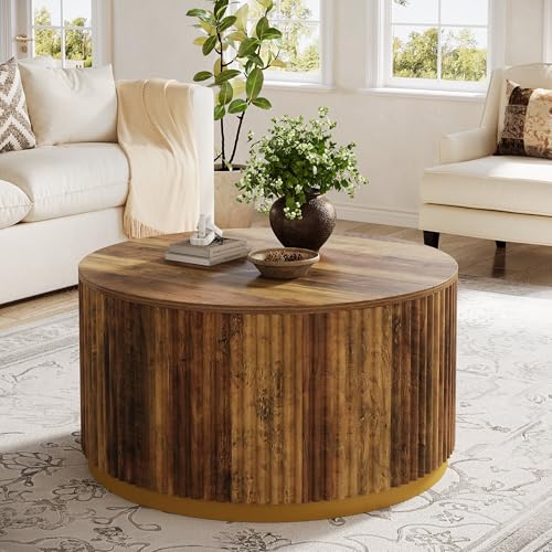 Tribesigns 31.5" Round Coffee Table, Fluted Wooden Center Table with Sturdy Drum Base, Mid Century Modern Furniture for Living Room, Small Space or Office, Rustic Brown