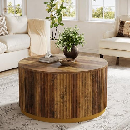 Tribesigns 31.5" Round Coffee Table, Fluted Wooden Center Table with Sturdy Drum Base, Mid Century Modern Furniture for Living Room, Small Space or Office, Rustic Brown