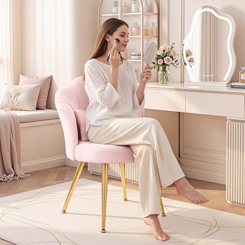 Petal Makeup Vanity Chair with Back, Flower Chair Comfy No Wheels for Girls Women, Makeup Chair with Golden Metal Legs & Lumbar Pillow for Living Room/Makeup Room/Bedroom/Home Office - Pink