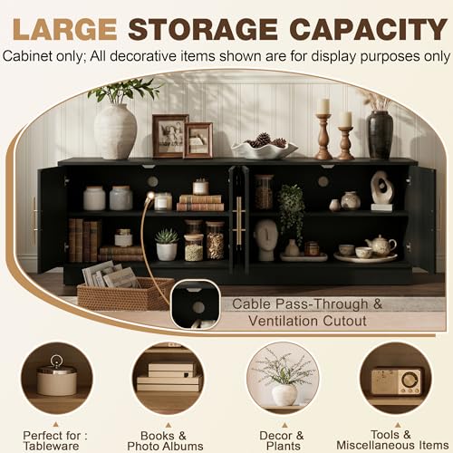 67" Arched Rattan Sideboard Buffet, 4 Door Adjustable Storage, Black, view 6