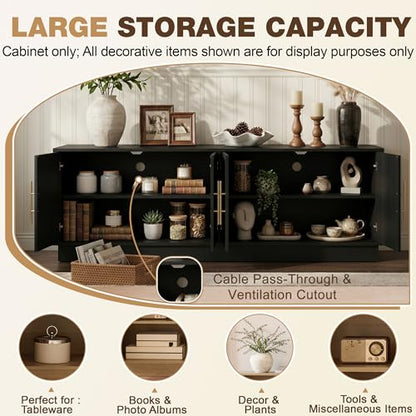 67" Arched Rattan Sideboard Buffet, 4 Door Adjustable Storage, Black, view 6
