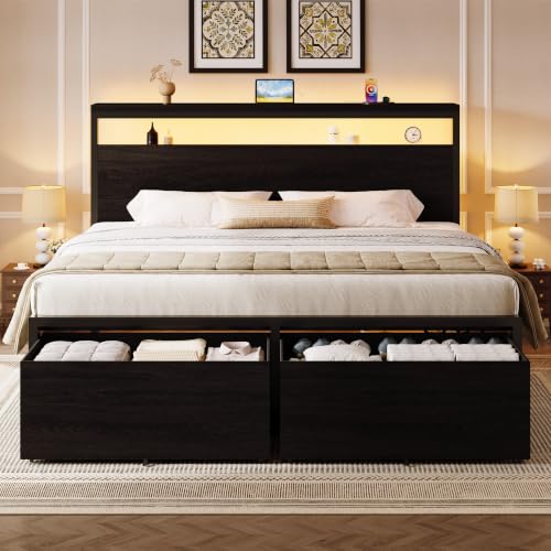 King LED Bed Frame, 2 Storage Drawers, Charging Station, Black, view 2