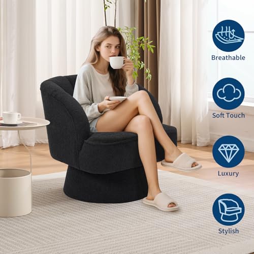 Modern Swivel Teddy Fabric Armchair with Striped Backrest and Plush Padding in Black, view 4