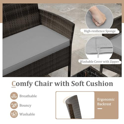 4 Piece Patio Furniture Set, Outdoor Rattan Conversation Set with Loveseat, Wicker Chairs, Tempered Glass Coffee Table, Wicker Patio Set for Backyard, Porch (Grey)