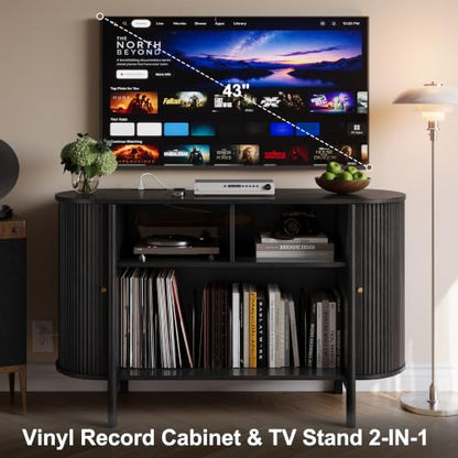 43"W Record Player Stand with Power Outlets, Vinyl Storage Cabinet, Black, view 6