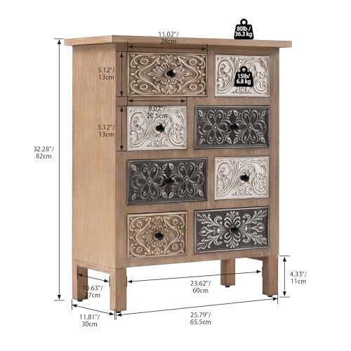 Vintage Accent Cabinet with 8 Hand-Carved Drawers, Boho Rustic Wood Storage Chest, Fully Assembled Distressed Apothecary Console for Entryway, Living Room & Bedroom
