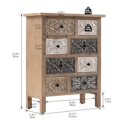 Vintage Accent Cabinet with 8 Hand-Carved Drawers, Boho Rustic Wood Storage Chest, Fully Assembled Distressed Apothecary Console for Entryway, Living Room & Bedroom