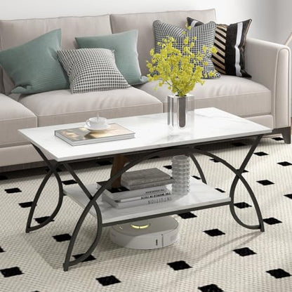 2-Tier Rectangular Coffee Table, Faux Marble Table with Open Storage Shelf, Black Finished Metal Frame, Modern Center Table for Living Room, Reception Room (White+Black)