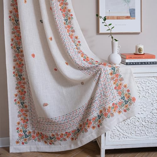 Boho Floral Curtains for Living Room 2 Panels Linen Semi Sheer Flower Curtains, view 2