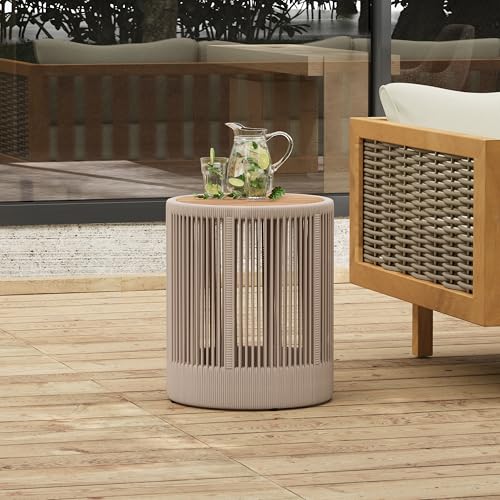 Outdoor Rattan Rope & Acacia Wood Side Table – Patio Balcony Furniture for Garden, Yard, or Indoor Use | 15” Round Top | Modern & Rustic Decor, Nightstand, End Table, or Entryway Accent (Teak+ Beige)