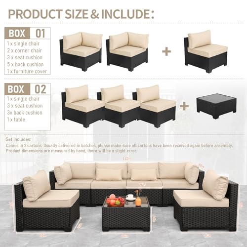 7 Pieces Outdoor PE Wicker Furniture Set Patio Rattan Sectional Conversation Sofa Set with Khaki Cushions and Glass Top Table