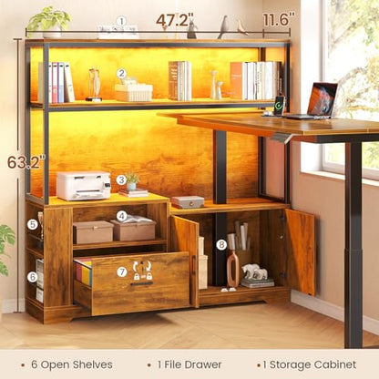 56.7" L Shaped Standing Desk, Reversible Computer Office Desk with Drawers & Hutch, Stand Up Corner Gaming Desks with LED Lights & Power Outlets for Home Office, Rustic Brown