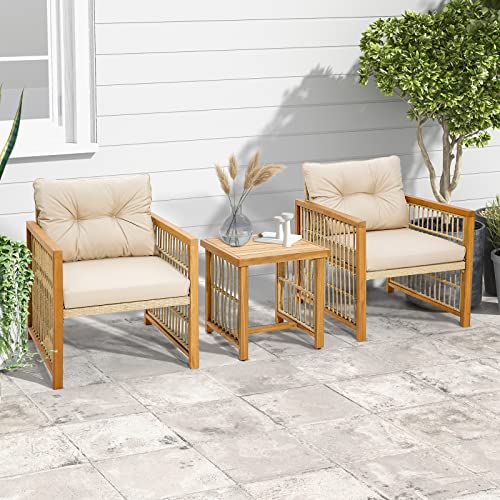 3 Pieces Acacia Wood Patio Furniture Set, PE Wicker Bistro Set with Cushioned Chairs and Coffee Table, Outdoor Conversation Set for Porch, Deck, Balcony, Backyard (Beige)