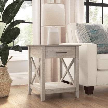 End Table with Drawer, Nightstand with Storage, Living Room and Bedroom Furniture, Key West Collection, Washed Gray