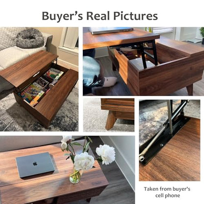 Lift Top Coffee Table, Mid Century Modern Coffee Table with Storage for Living Room, 35.4'' Walnut Coffee Tables with Sliding Fence Door (Brown)