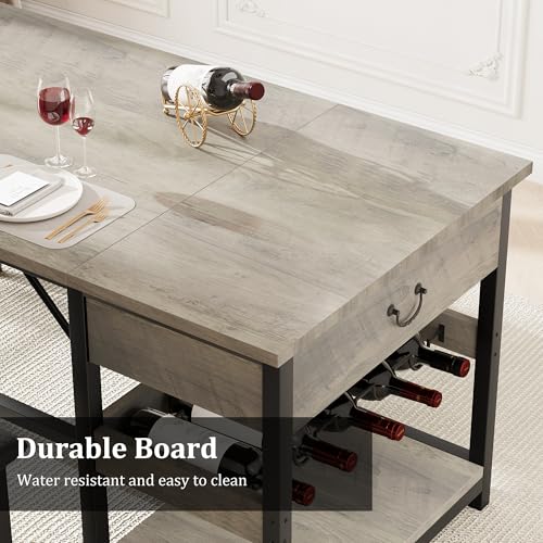 Dining Table Set for 4 with Storage Drawers & Wine Rack, Kitchen Table and Upholstered Benches for Small Spaces, Gray