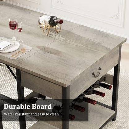 Dining Table Set for 4 with Storage Drawers & Wine Rack, Kitchen Table and Upholstered Benches for Small Spaces, Gray